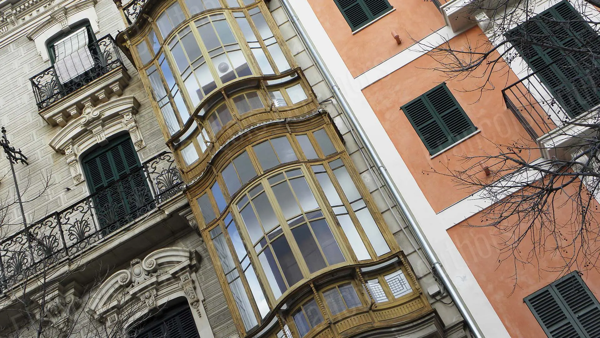 Façades urbaines avec baies vitrées anciennes en bois et volets verts, photographie d’architecture.