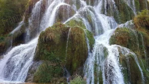 Cascade naturelle recouvrant des roches de mousse verte, photographie de paysage par François Bouthors