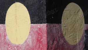 Texture urbaine abstraite avec formes circulaires jaunes et contrastes rouge noir – photographie artistique de François Bouthors