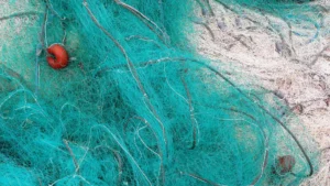 Texture artistique de filets de pêche turquoise et sable entremêlés – photographie maritime de François Bouthors