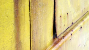 Texture de plaques métalliques jaunes éclatées et rouillées, photographie industrielle par François Bouthors