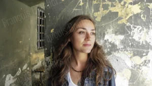 Photographie de portrait d’une femme en lumière naturelle devant un mur texturé, par François Bouthors.