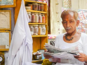 Photographie de portrait d’un homme lisant un journal dans une boutique en Inde, par François Bouthors